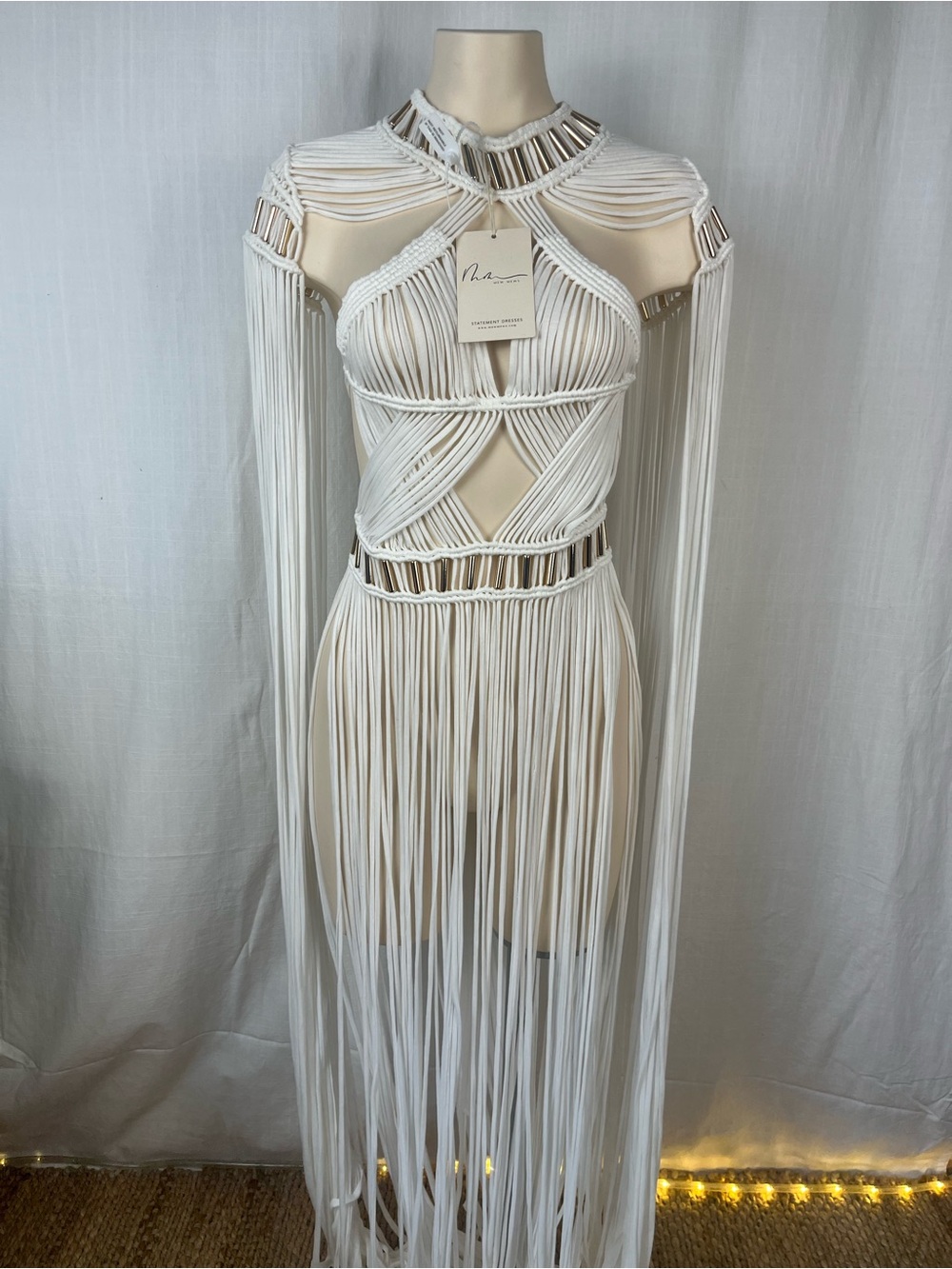 NWT White Macramé Fringe Maxi Dress - MEW MEWS - Picture 2 of 8